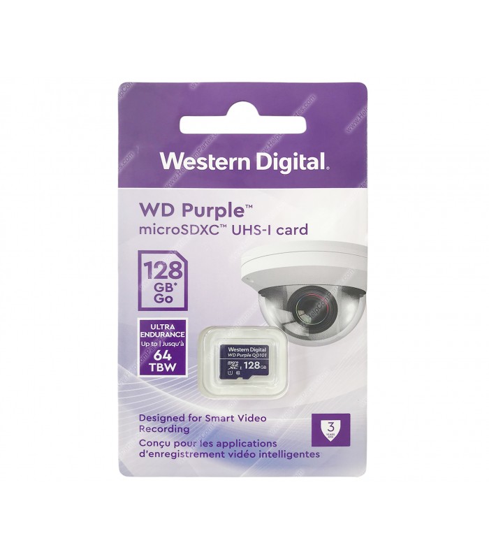 MICRO SD WD PURPLE ULTRA ENDURANCE QD101 128GB UHS-I 4K / C10 / U1 /3D NAND/ SDA 6.0/ 64TBW /24x7/NVR/SIN ADAP. /WDD128G1P0C
