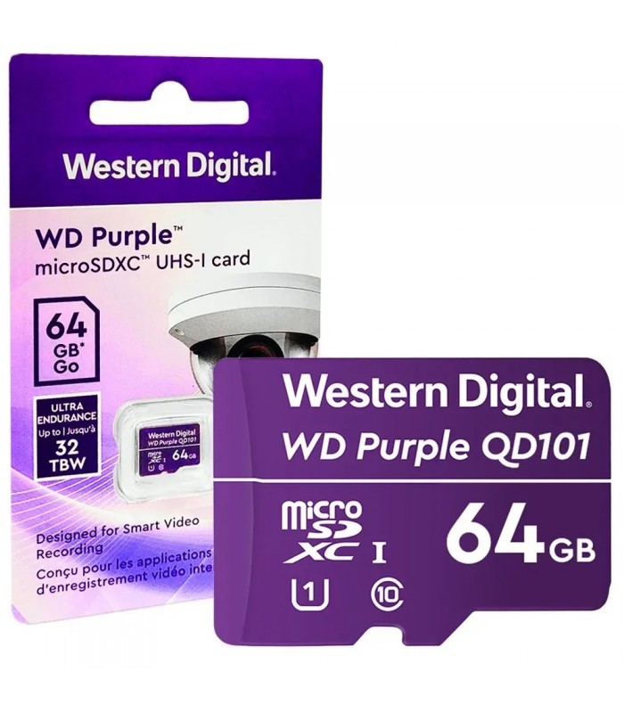 MICRO SD WD PURPLE ULTRA ENDURANCE QD101 64GB UHS-I 4K / C10 / U1 /3D NAND/ SDA 6.0/ 32TBW /24x7/NVR/SIN ADAP. /WDD064G1P0C